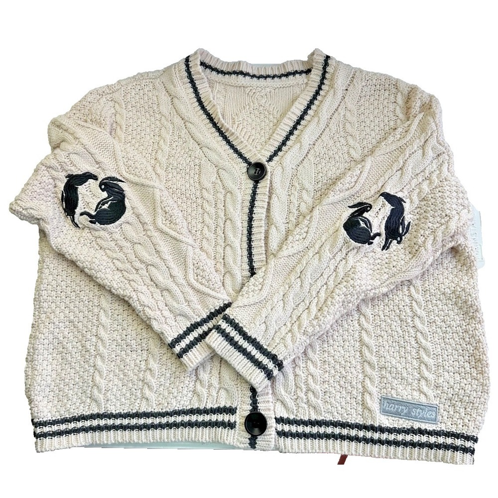 Harry Styles Cable Knit Cardigan Sweater M Beige V-Neck Button Embroidered Cozy